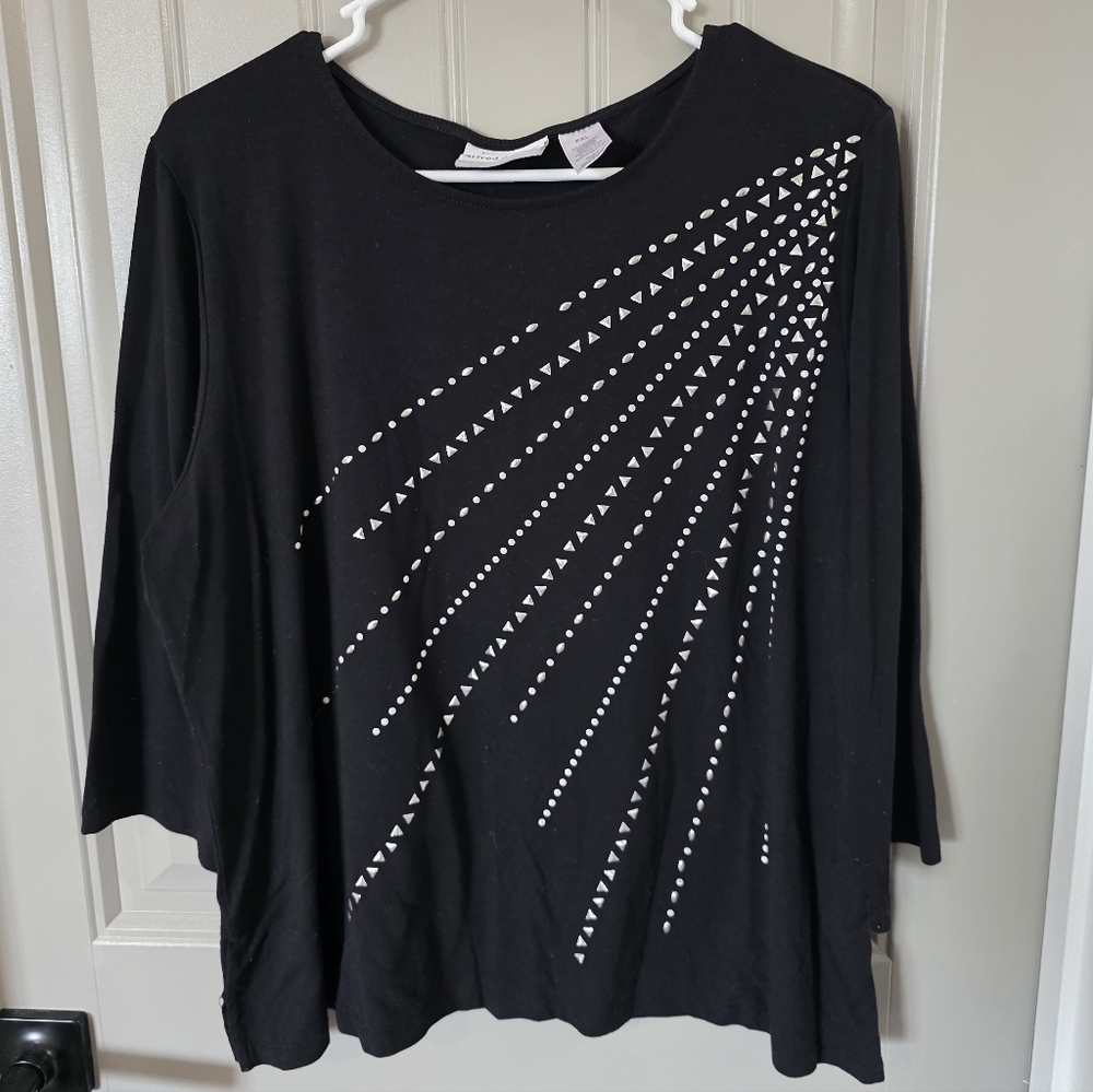 Alfred Dunner Petite Womans XL Black ¾ Sleeve Shirt With Silver Gems